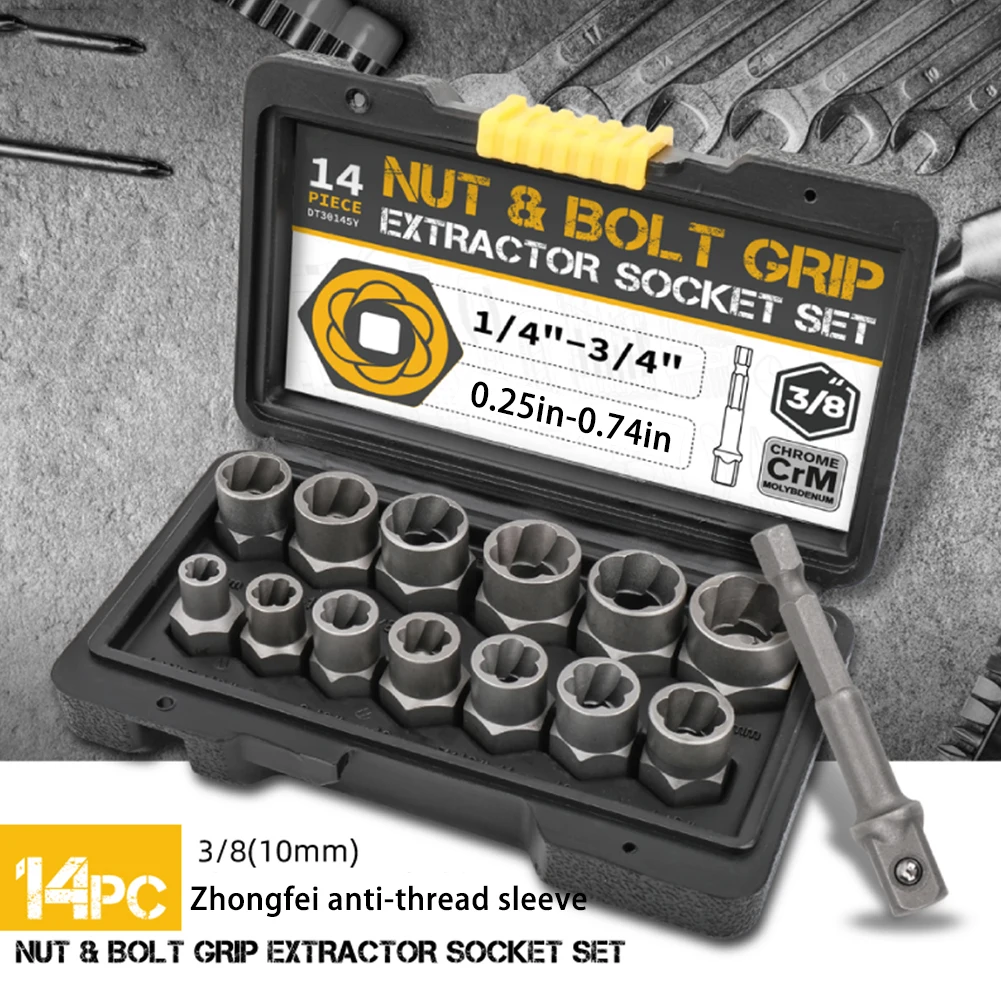 

14pc Damaged Bolt Extractor Cr-Mo Steel Nut Screw Remover Threading Socket Tool Hand Tool Kit 6.35 -19m in Tool Box