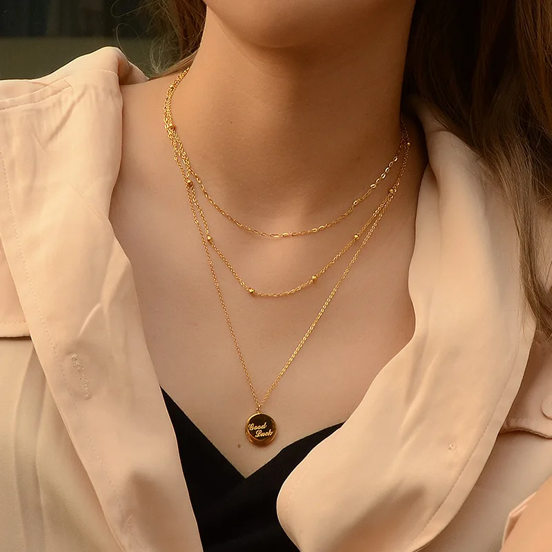 

Gold plated stainless steel multilayer chains necklaces for women jewelry,good luck round neck chain necklace female accessories