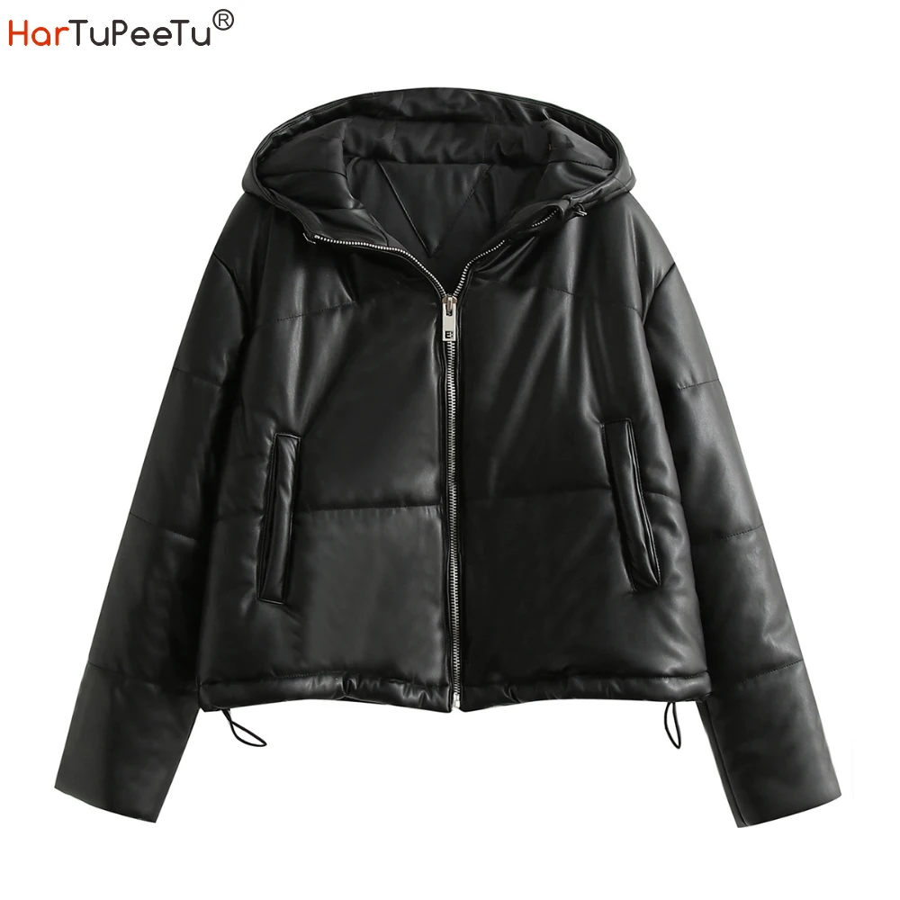 Women Faux Leather Winter Jacket Quilted Zip Black PU Hooded Coat Cotton Padding Warm Thick Outwear with Pockets