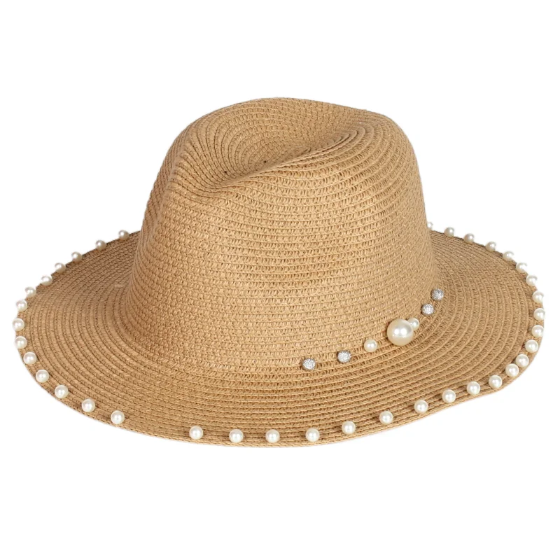 

Wholesale High quality Summer Beach Paper Caps ladies women straw hat big brim panama hats with pearls