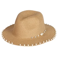 wholesale high quality summer beach paper caps ladies women straw hat big brim panama hats with pearls