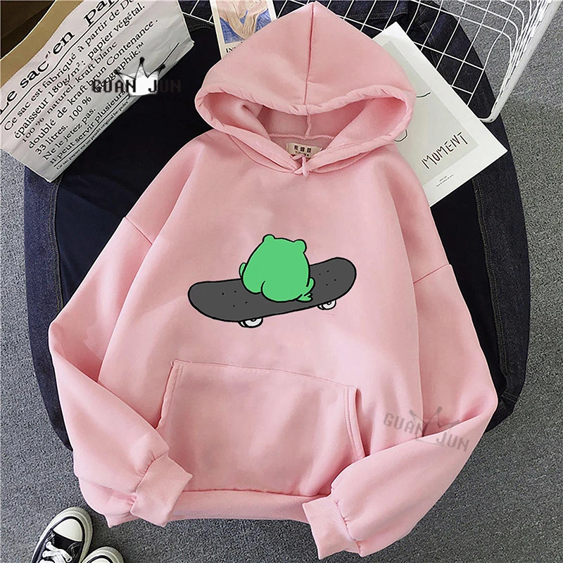 

Streetwear Hoodie Fashion Skateboard Frog Hoodies Women Harajuku Sweatshirt Female Pullovers Anime Long Sleeve Goth Pink Tops