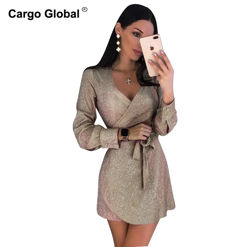 2019 с длинным рукавом сверкающая завернутый бандаж пояс Сексуальное мини платье