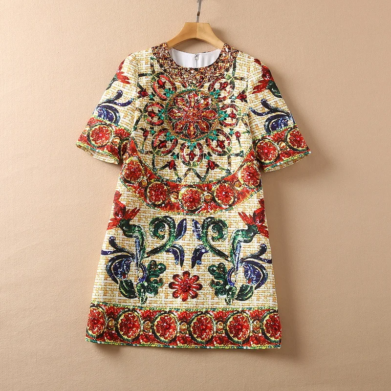 

European and American women's clothing winter 2022 new Vintage print with short sleeves Fashion heavy beaded dress