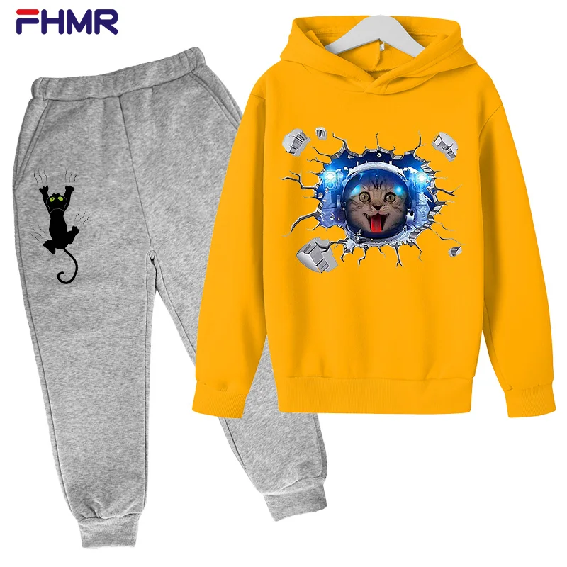 

Space cat student hoodie autumn winter sweaters set running sports leisure men's hooded sweaters + pants Unisex children's suit