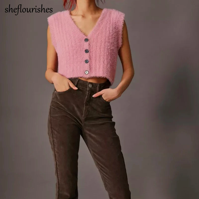 

Knit top women 2021 summer sleeveless casual tank top kawaii pink crop tops v neck ribbed tops solid soft button up vest women