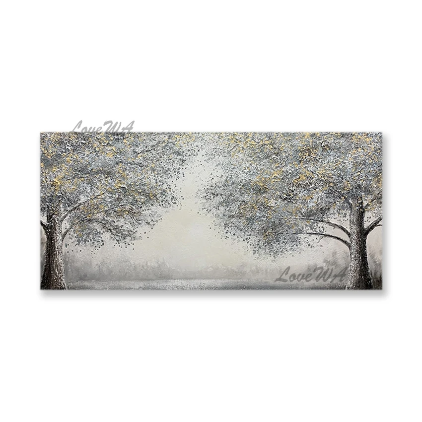 

100% Hand Painted Heavily Textured Acrylic Canvas Gray Trees Oil Painting Unframed Artwork Panel Set Forest Scenery Wall Art