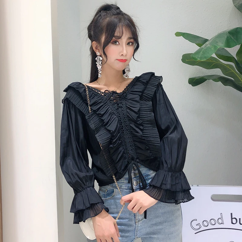 Шифоновая Блузка с оборками и глубоким V-образным вырезом женская рубашка бантом