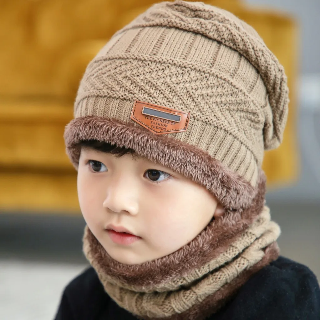 

New 2Pcs Kids Winter Warm Knitted Hat with Scarf Set Skullies Beanies for 3-14 Years Old Boy's Children Outdoor Sport Set Hot