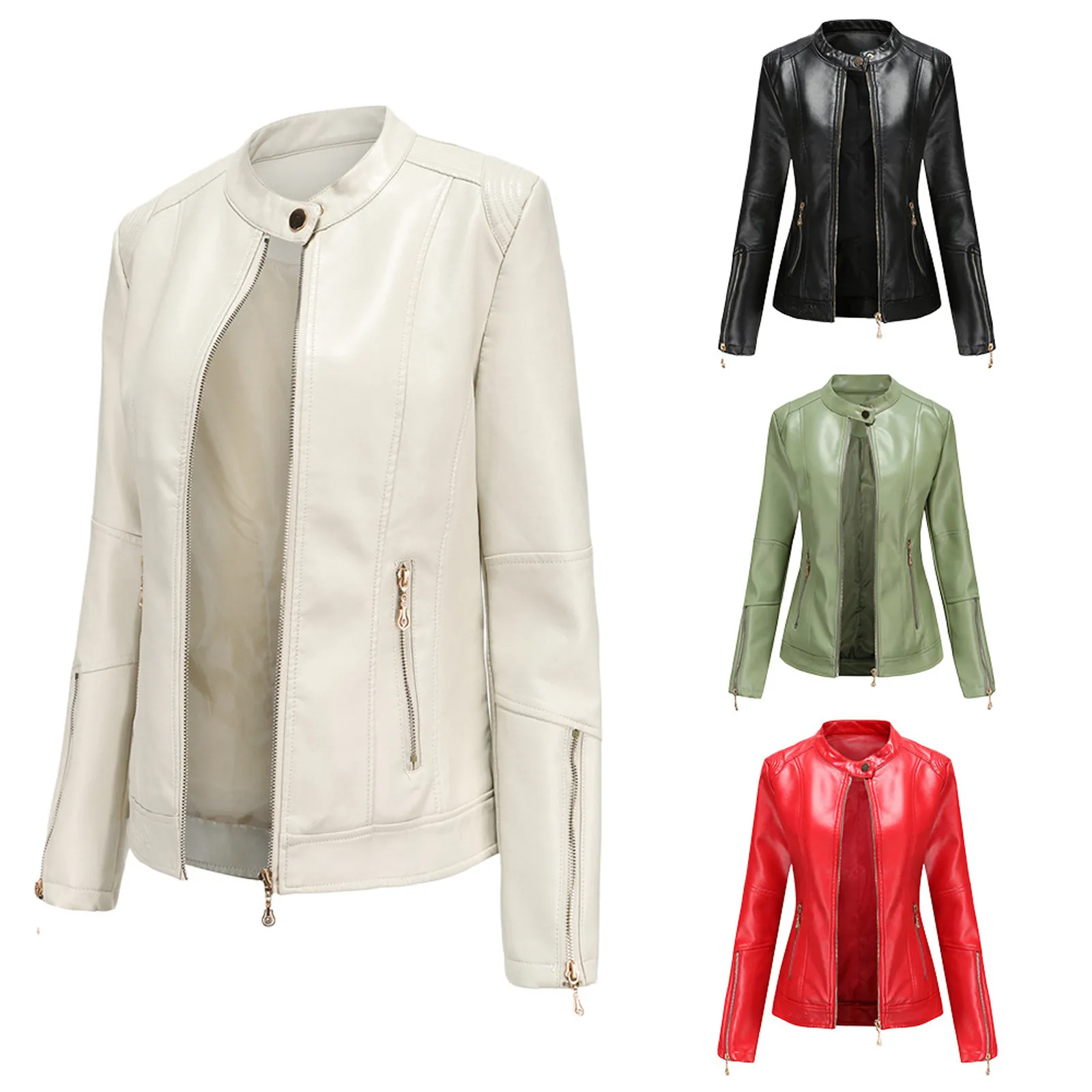 

Fashion Women's Long Sleeve Slim Fit Faux Leather Round Neck Zipper Stitching Solid Colors Motorcycle Jacket Outerwear#g3