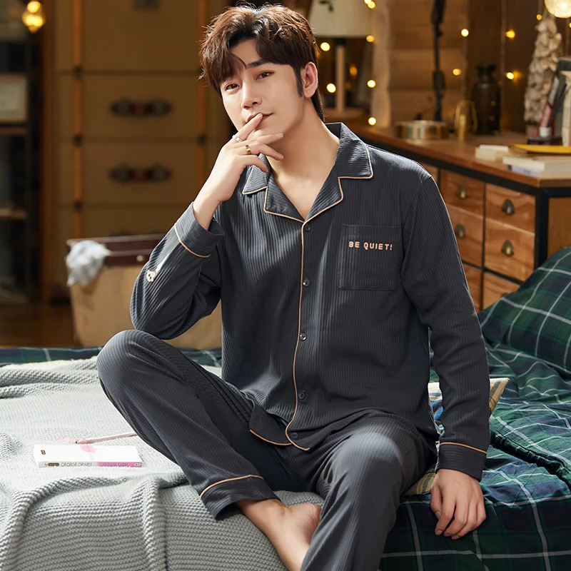 cotton pijama set for men Tshirt O-neck plus size underwear long sleeved pajama sleepwear clothing winter nightwear male | Мужская