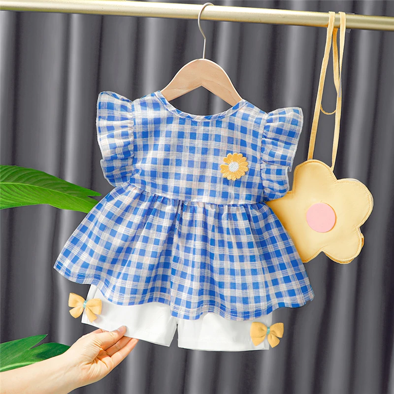 

Summer Baby Girls Clothing Sets Toddler Infant Plaid Lace Floral T-Shirt Bow-knot Shorts Kids Children Clothes