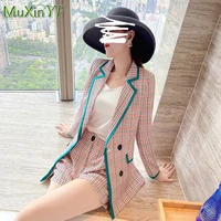 autumn new pink plaid suit shorts two piece womens 2021 korean fashion elegant top blouse blazers pants set female clothing