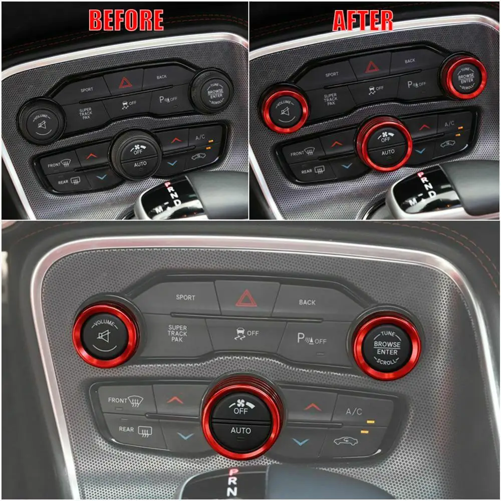 

3x Aluminum AC Radio Control Ring Knob Trim Covers For Dodge Challenger 15-19