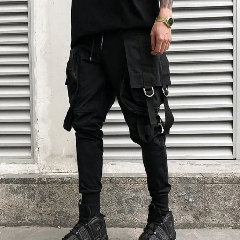 Брюки карго мужские с лентами и большими карманами уличный стиль хип хоп