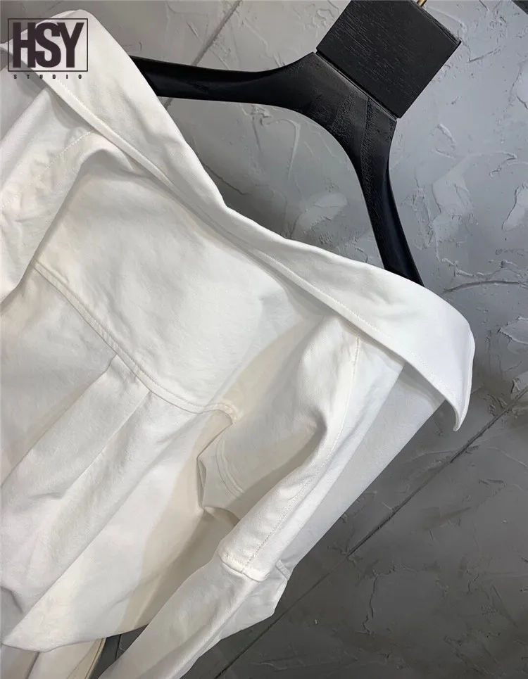 【HSY Studio】2019 new autumn women dress nets yarn vest patchwork fake two piece black belt off shoulder cotton white shirt | Женская