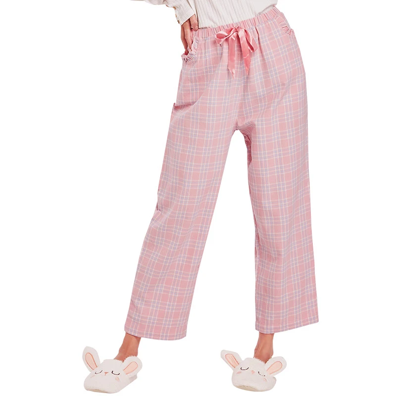 Pink Plaid THREEGUN женские Пижамные шорты, укороченные штаны полной длины, кружевные Хлопковые женские штаны для сна, свободные штаны с эластичной резинкой на талии, домашние штаны, партия - Цвет: Pink Plaid