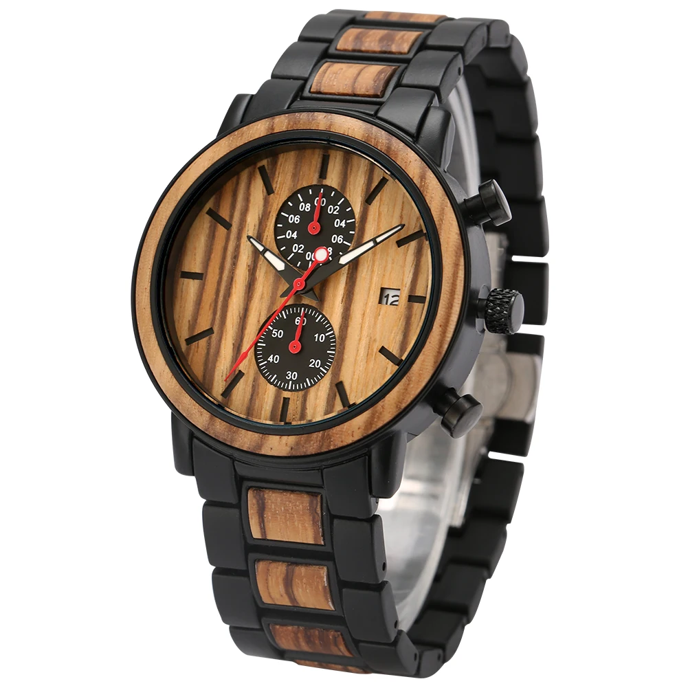 2021 Wood Watches Men Luxury Chronograph Date Display Watch Wooden Stainless Steel Band Wristwatches Gifts Box Relogio Masculino