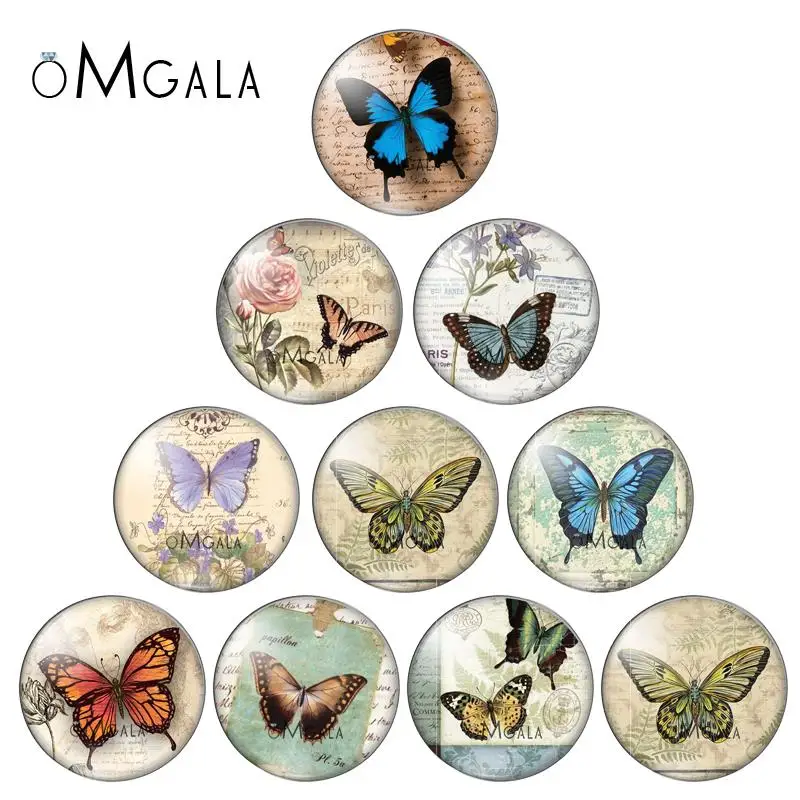 New Beauty Vintage Butterfly 10pcs mixed 12mm/16mm/18mm/25mm Round photo glass cabochon demo flat back Making findings