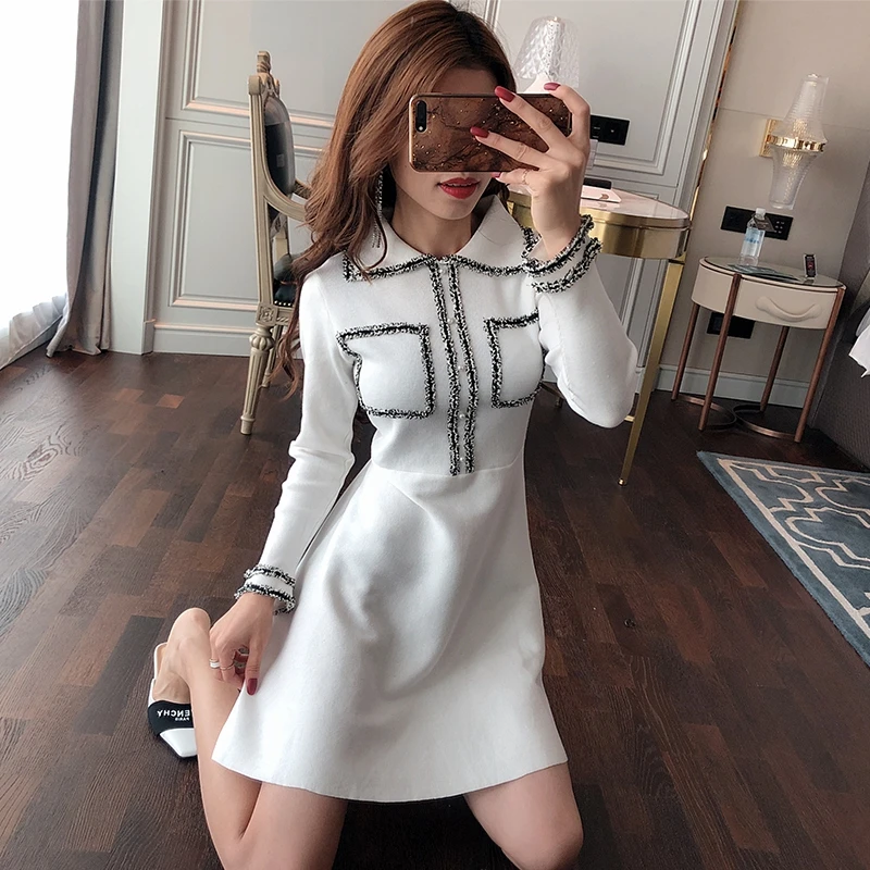 Женское платье с длинным рукавом летнее черное отложным воротником | Женская