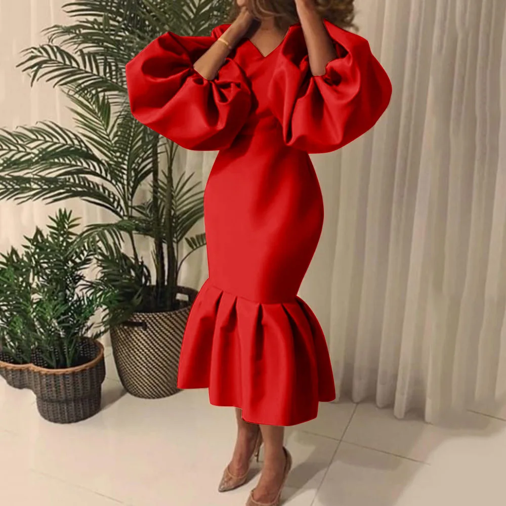 

Plus Size Evening Party Long Dress African Classy Women Dinner Formal V Neck Puff Sleeve Bodycon Ruffle Mermaid Midi Dresses