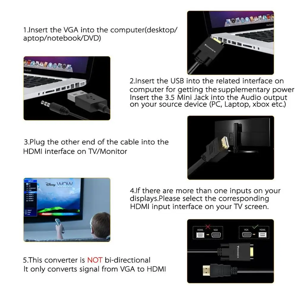 FOINNEX 15 м 50 футов VGA к HDMI адаптер/кабель преобразователя с аудио 1080P конвертировать