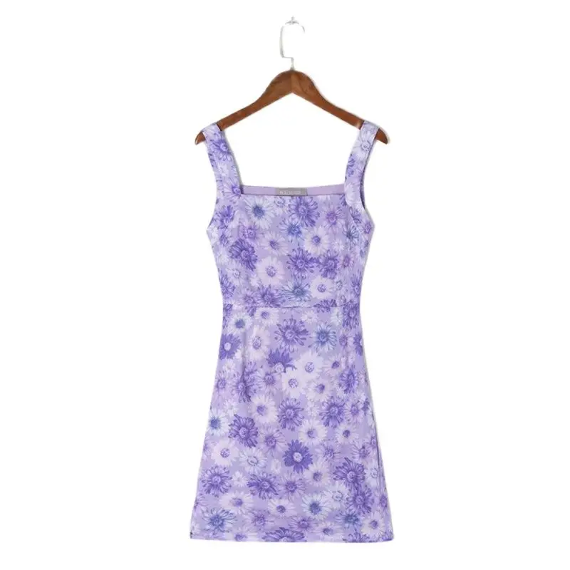 

SheMujerSky Women Sleeveless Floral Print Purple Dress Summer Camisole Slim Dresses With Lining 2021 Fashion Bodycon Dress