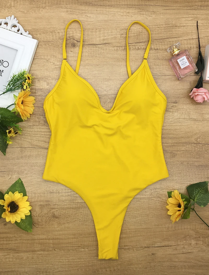 Сексуальный цельный купальник с высоким вырезом женский черного и желтого цвета