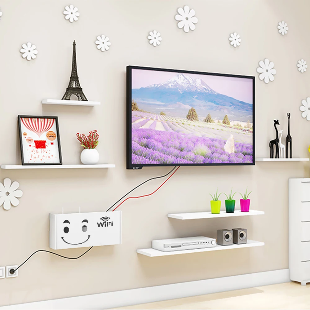 1PCs Wall Mounted Wireless Wifi Router Storage Box PVC Panel Shelf Hanging Plug Board Bracket Cable Organizer Home Decor | Дом и сад