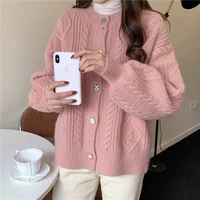 cardigan mujer korean style loose retro lantern sleeve candy color twist cardigan sweater coat women tops thick knitted sweaters