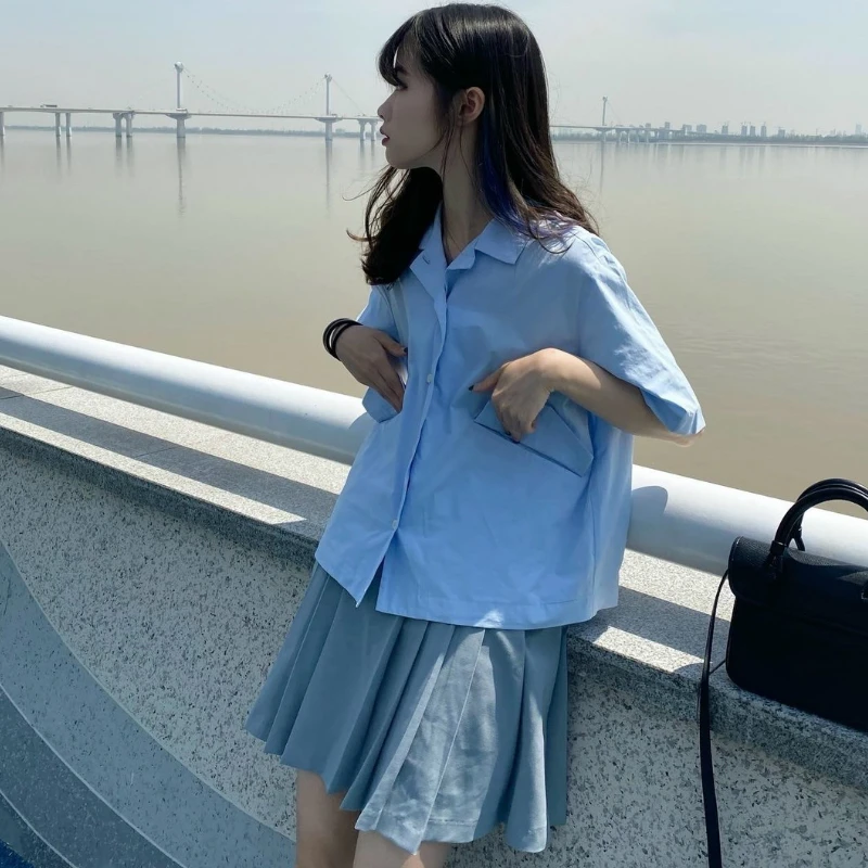 

Shirts Women Solid Harajuku Summer Loose Purple Retro Blouses Womens All-match Turn Down Collar Short Sleeve Casual Pocket Chic