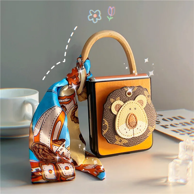

For Samsung ZFlip3 Cases Orange Leather Pattern Shell Lion Bracket Silk Scarf Half-wrapped Case for Samsung Galaxy ZFLIP3 Cover