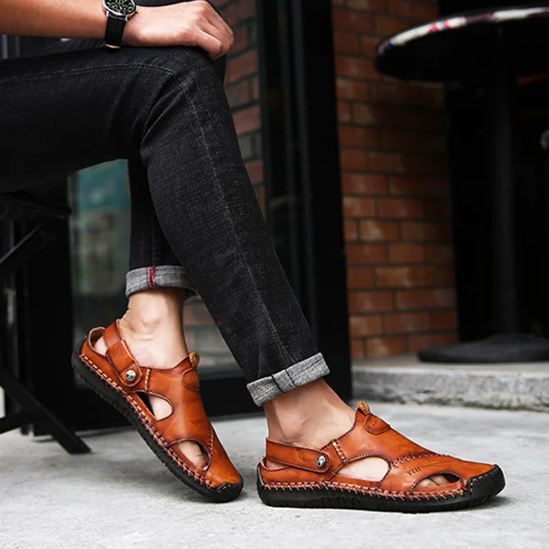 

Men Sport Close Toe Sandals Summer PU Leather Shoes Flat Slippers for Beach Fisherman ALS88