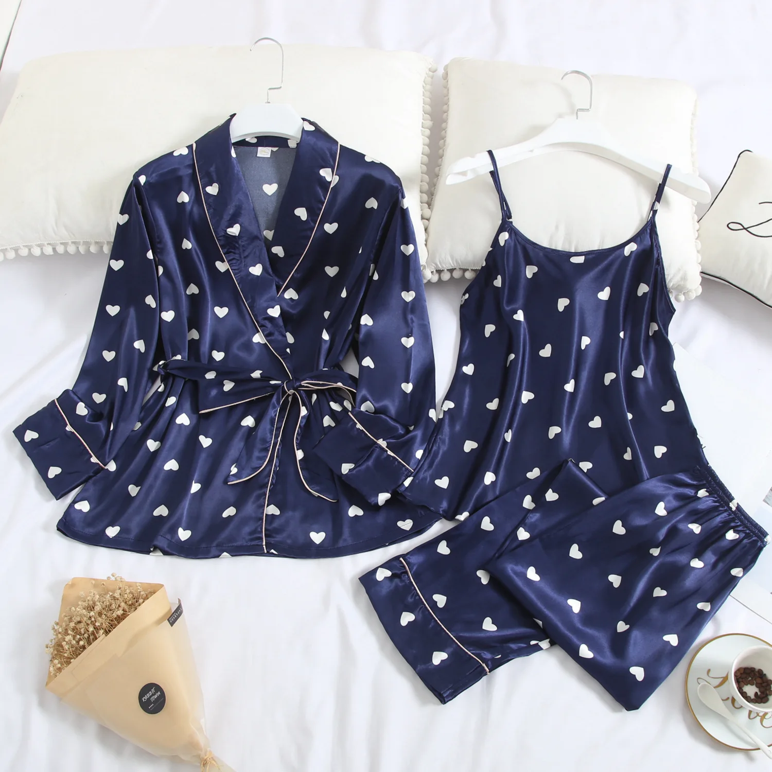 

Autumn New Long Sleeve Pajamas 3 Pcs Thin Ice Silk Sexy Spaghetti Strap Cardigan Trousers Set Sleepwear
