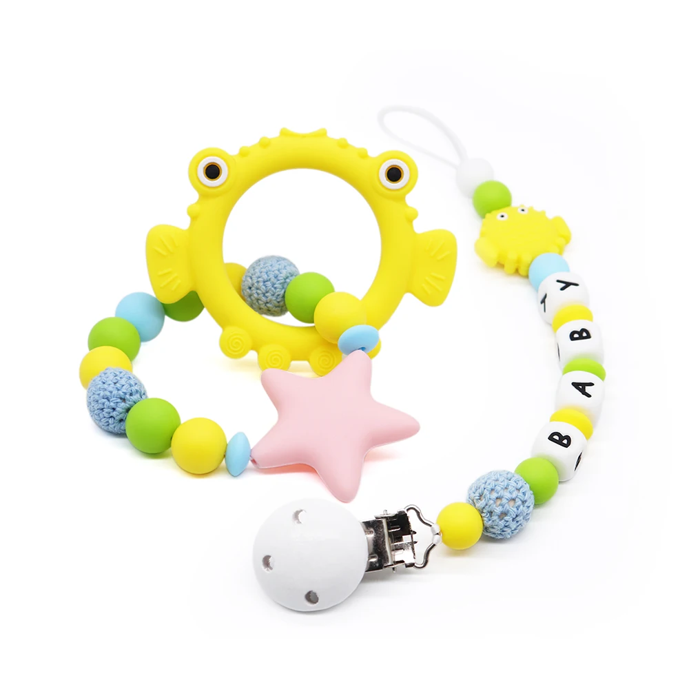 

Fish Shape Teether Wuth Pacifier Holder Clips For Baby Infant Chewable Toys BPA Free Food Cute&Soft Silicone Beads For Teether