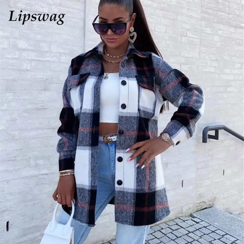 

Autumn Long Sleeve Shirt Coats Casual Single Breasted Pocket Jacket Cardigan Winter Elegant Turn-down Collar Plaid Outwear Tops