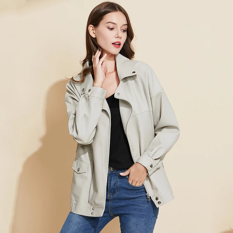 FTLZZ Autumn Women BF Style Loose Beige Faux Leather Jacket Casual Female Pu Soft Motorcycle Punk Coat Black Rivet Outwear | Женская