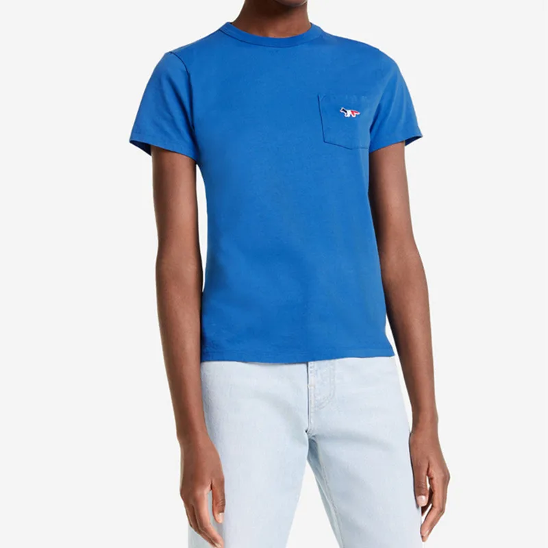 

Women's Short Sleeve Cotton Tshirts 3D Fox Pocket Embroidered Casual O-neck Tops New 2021 Summer