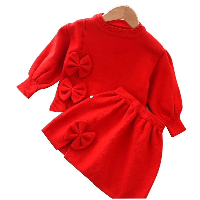 

Одежда для маленьких девочек H37A, теплый вязаный свитер, юбка, милая одежда на осень и зиму с бантом, пуловер с длинным рукавом, топы, трикотаж...