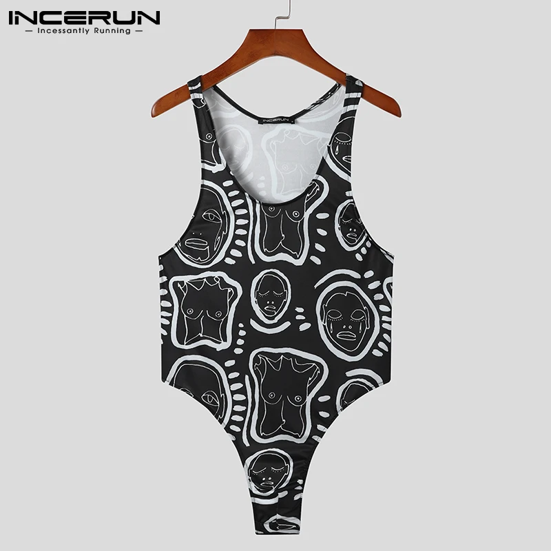 INCERUN New Men's Loungewear Hot Sale Printing Onesies Fashionable All-match Simple Jumpsuit Triangle Sleeveless Bodysuits S-5XL