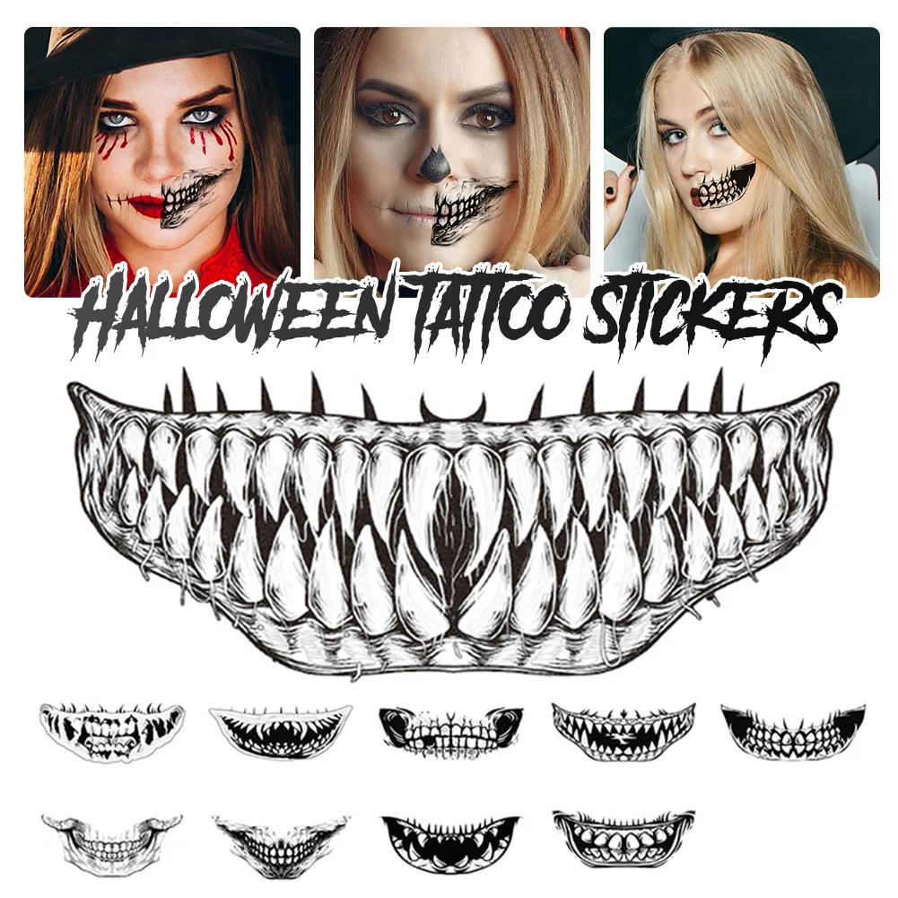 

NEW Makeup Decals Halloween Temporary Tattoo Stickers Face Waterproof Teeth Tattoo Stickers for Face Arms Shoulders Legs