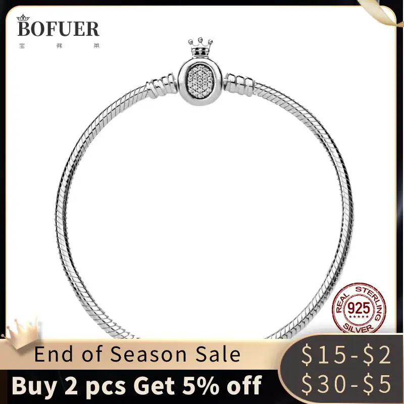 

BOFUER Original 925 Sterling Silver Snake Chain Silver bracelet crown O chain clasp DIY Charm Bracelet for Women Gift Jewelry