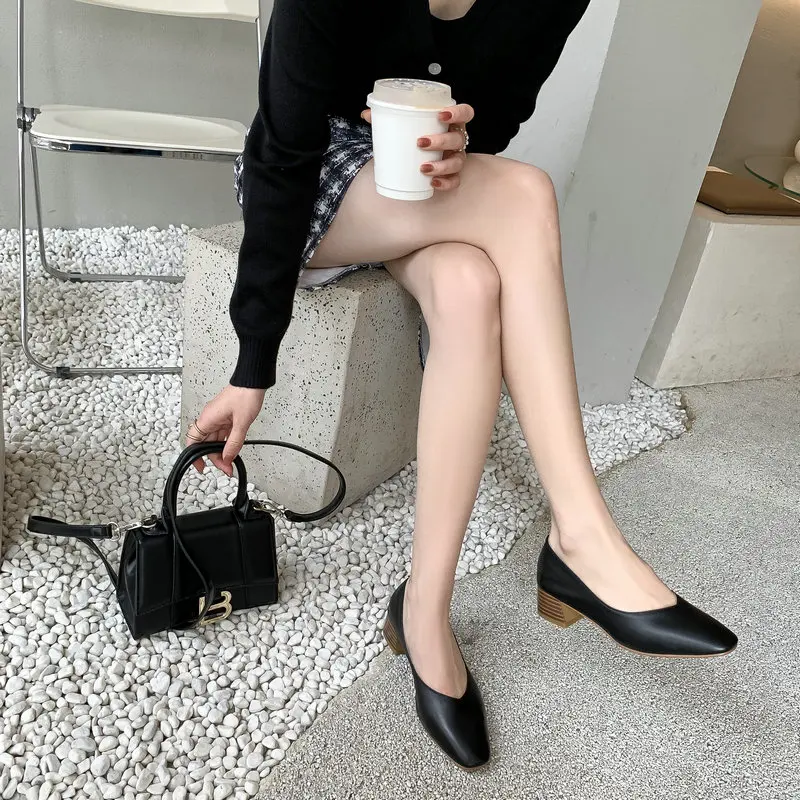 

Genuine Leather Shoes Woman Pumps med Heels Designer Shoes 2021 Spring Shallow Working Party Basic Shoes For Women