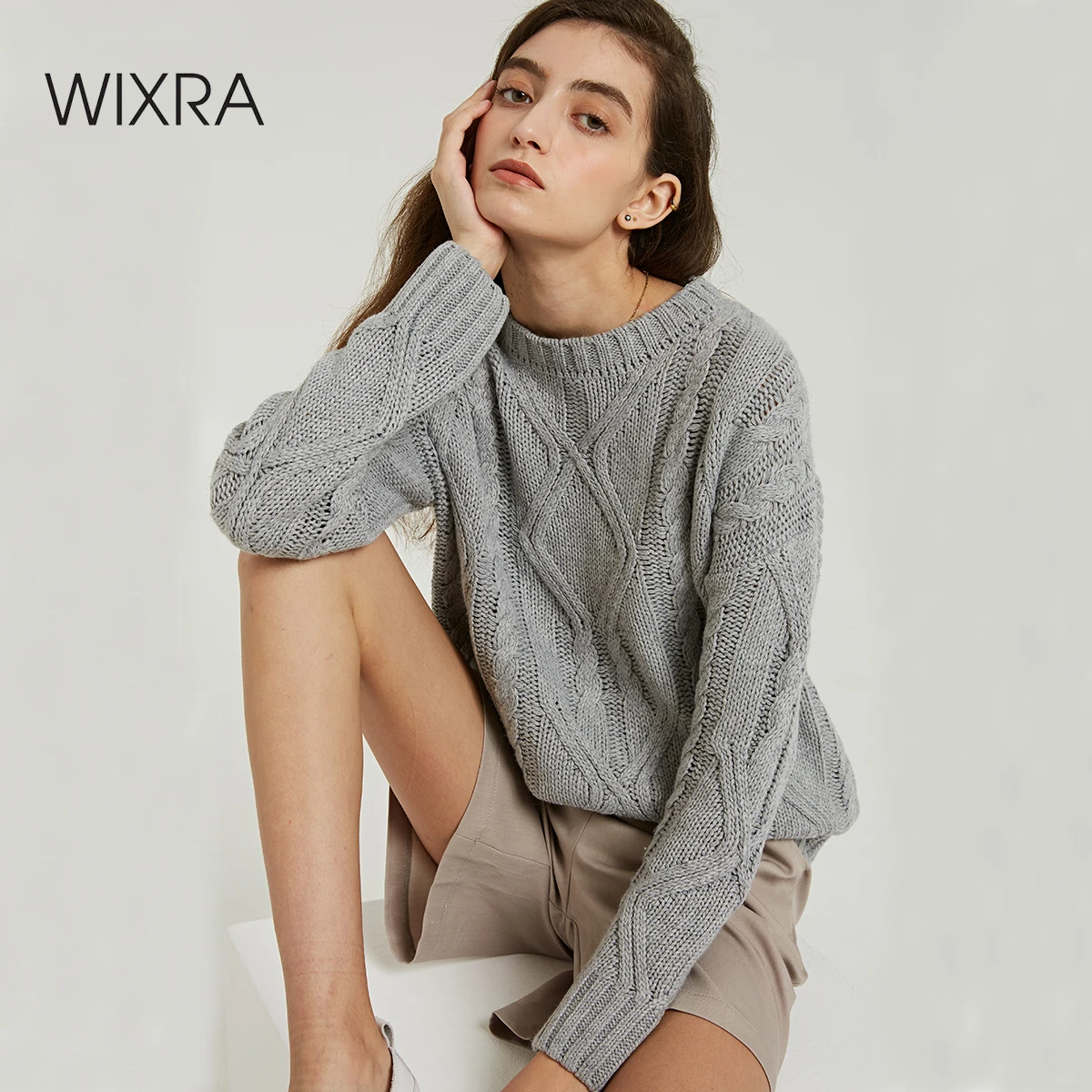 Свитера база мастхэв Wixra Твердые теплые О-образный вырез горловины Повседневная женская вязаный свитер с длинным рукавом Пуловеры женские джемперы осень зима серый цвет вязка базовый база тренд ажурная кофточка