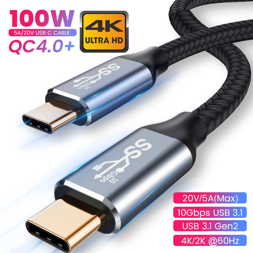 

USB C to USB C Cable 5A 100W USB 3.1 Gen2 USB Cable Type-C Charge Wire Fast Charging Cord For Samsung S10 Note20 Huawei Xiaomi