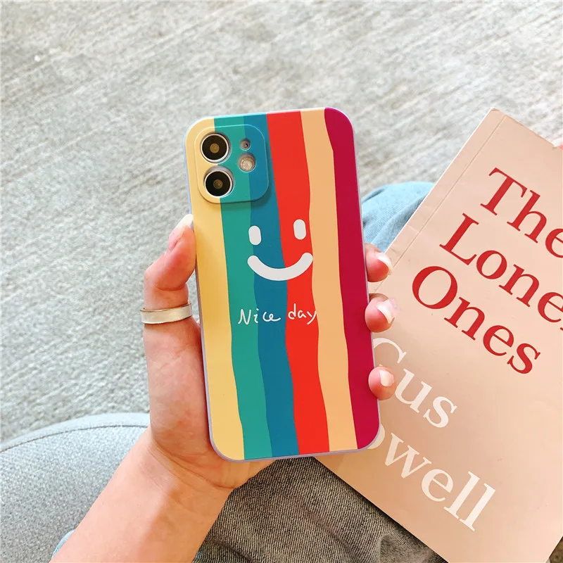 

New Color Rainbow Liquid Soft Silicone Case For iPhone 12 11 Pro Max 6 6S 7 8 Plus SE 2020 X XS Max XR Smile Back Case Cover