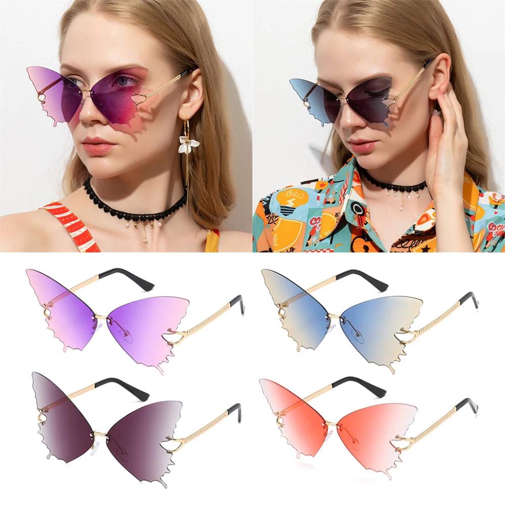 

Butterfly Rimless Sunglasses for Women UV Protection Oversized Steampunk Glasses Anti-Reflective Gradient Retro Sun Glasses