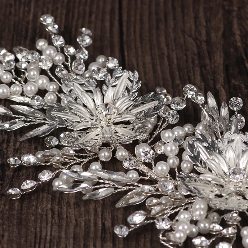 Блестящая серебряная Цветочная свадебная корона для волос лоза стразы жемчуг