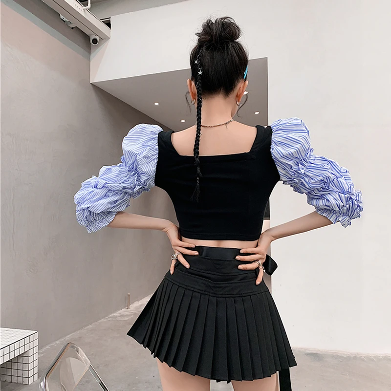 

XIZIHUPAN Sexy Hit Color Shirt For Women Square Collar Puff Half Sleeve Patchwork Slim Blouses Female Summer Fashion 2021 Style