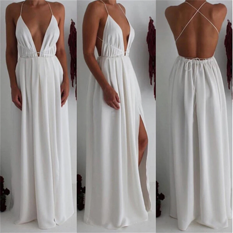 

Lace Splice White Long Dress Beach Deep V Neck Sexy Summer Sundress Boho Drawstring Side Slit Maxi Dresses Women Hot